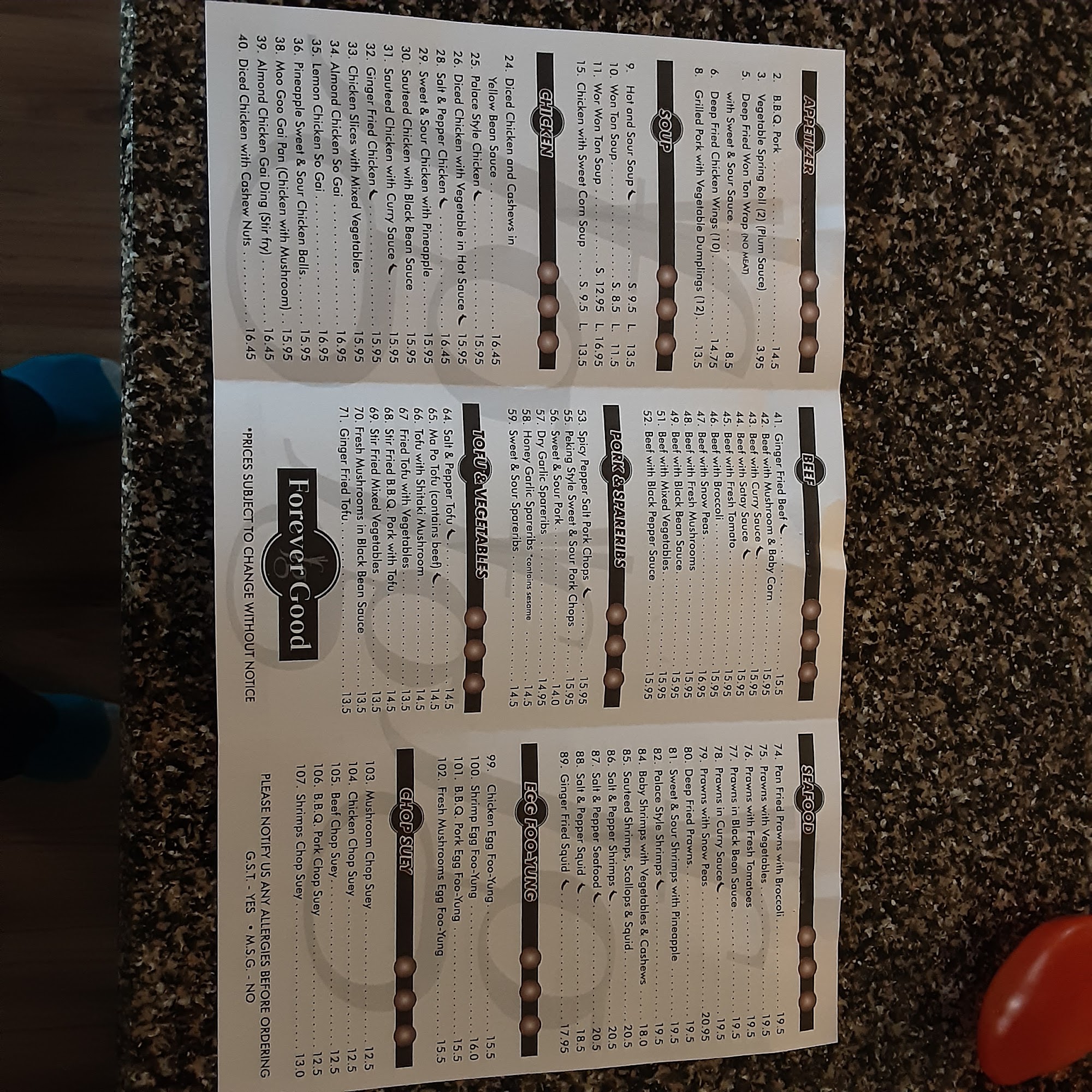 Forevergood Asian Cuisine Menu