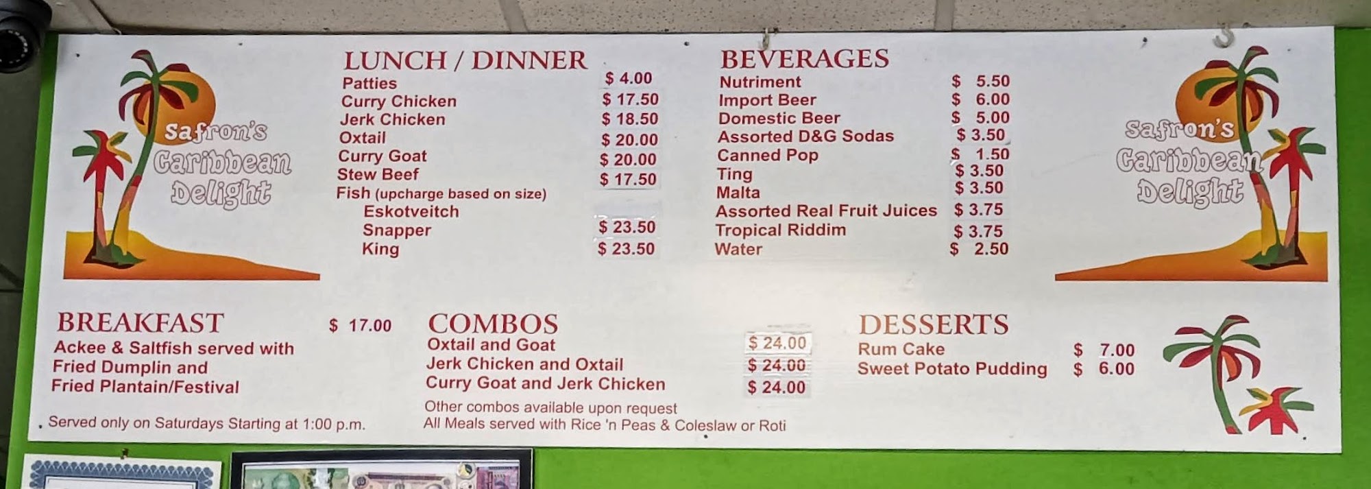 Safron's Caribbean Delight Menu
