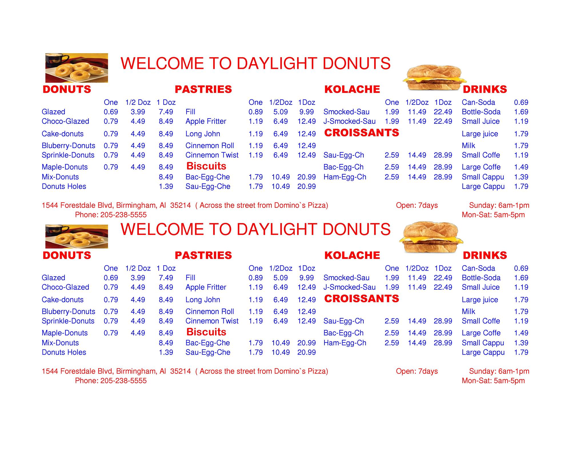 Daylight donuts Menu