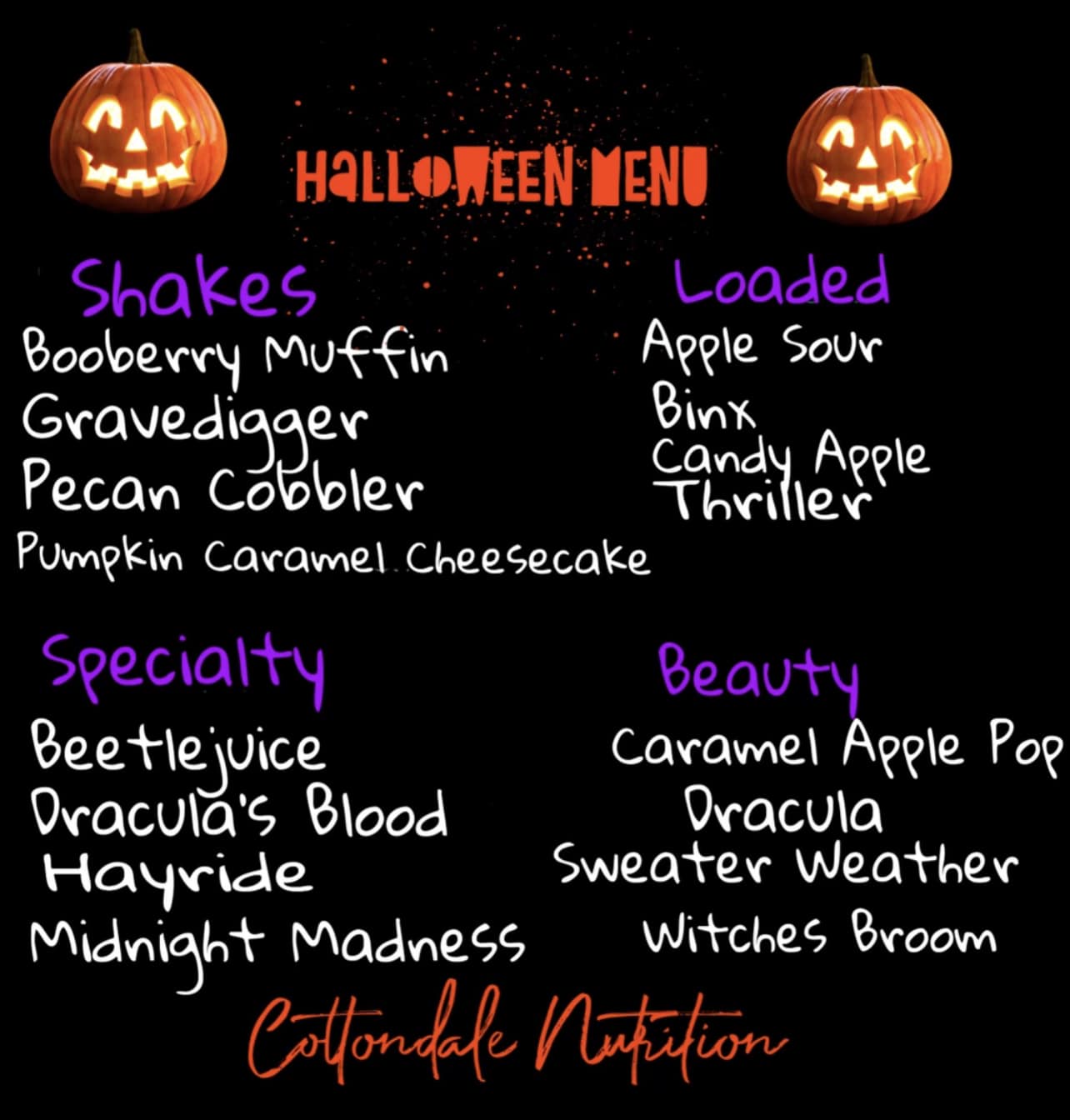 Cottondale Nutrition Menu