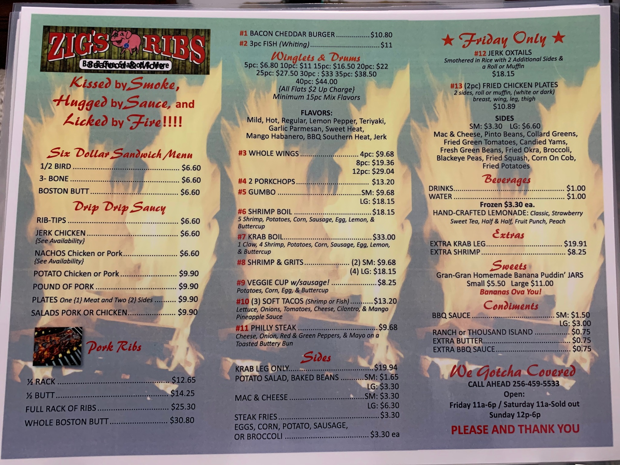 Zigs Ribs Menu