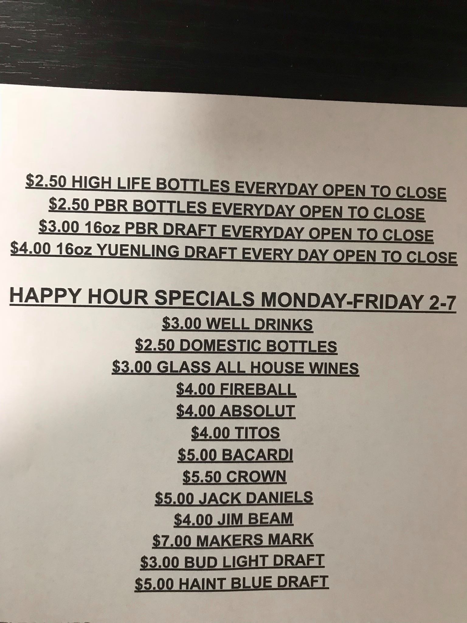 The Stables Bar Menu