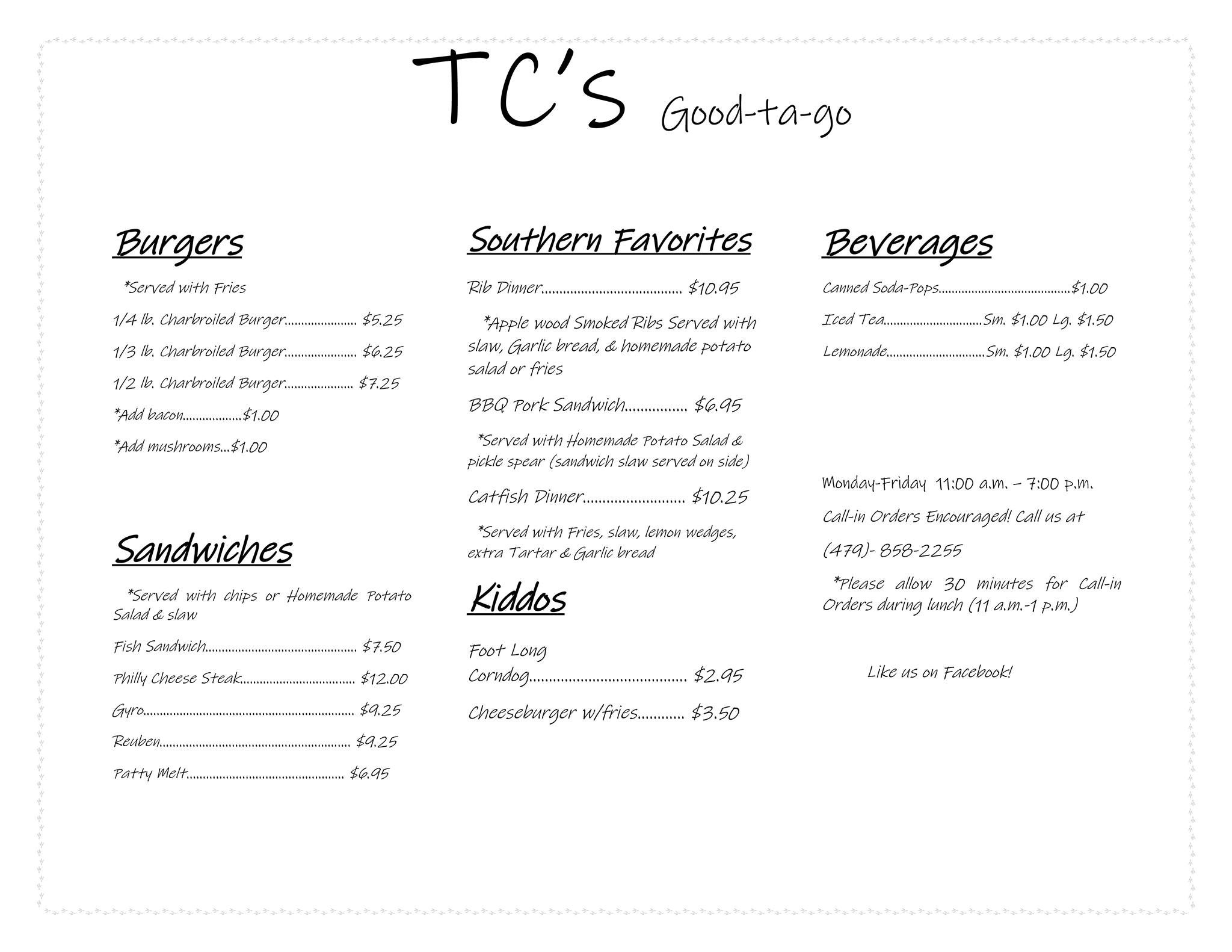 TC’s Good-ta-Go Menu