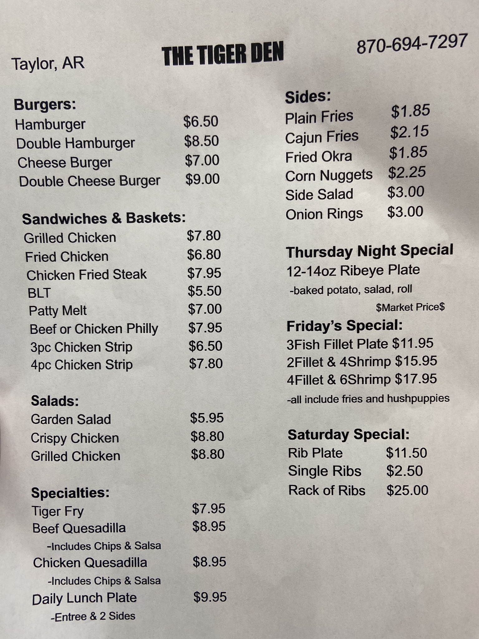 The Tiger Den Menu