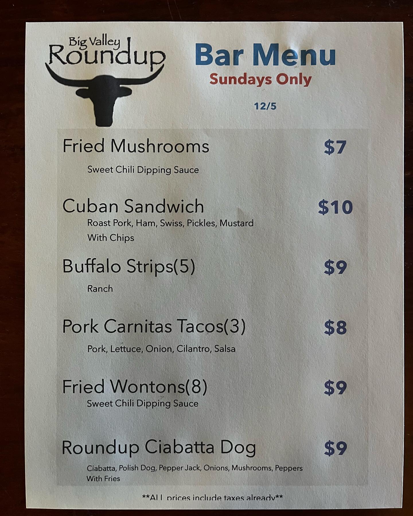 Big Valley Roundup Menu