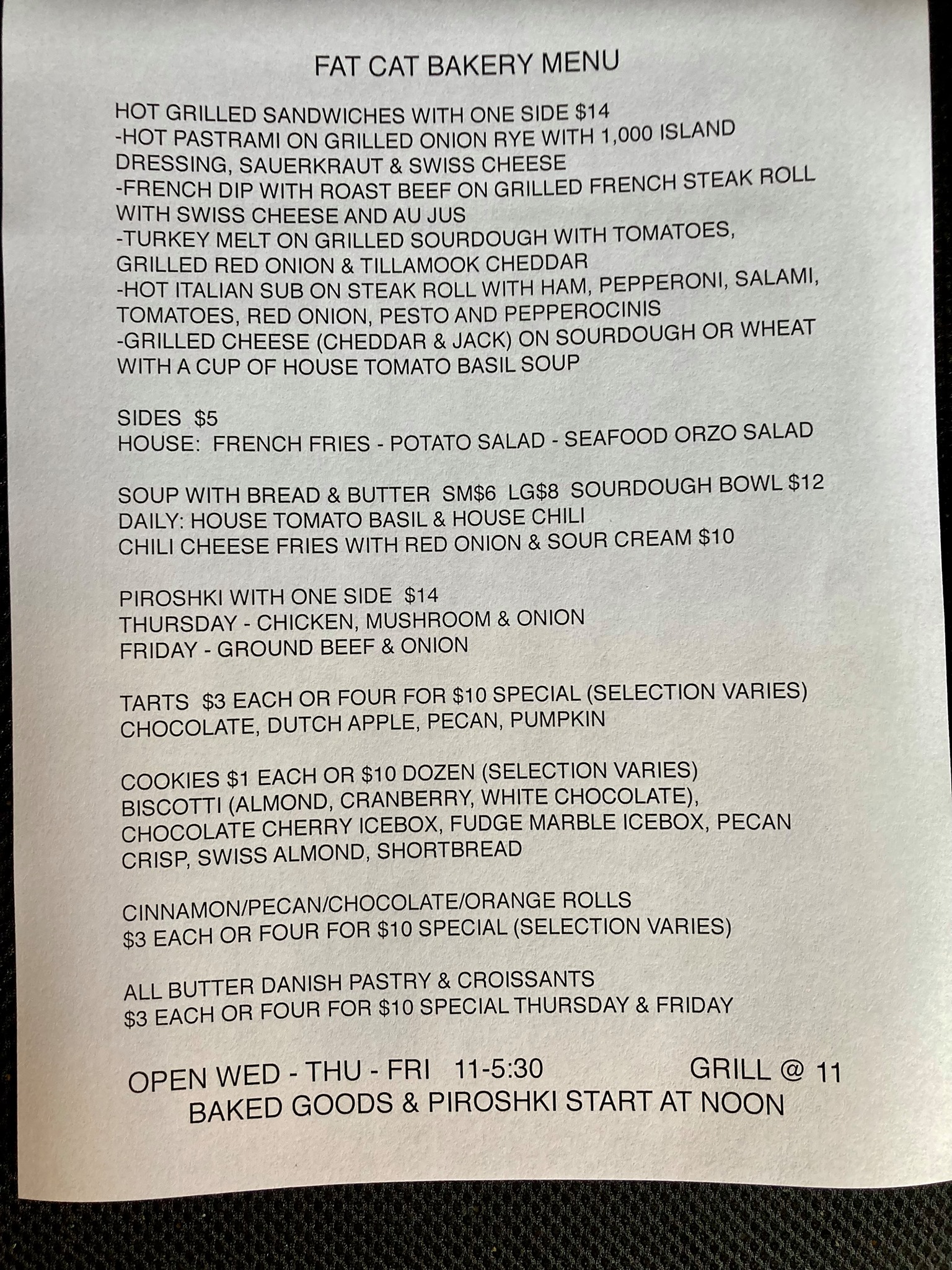 Fat Cat Bakery Menu