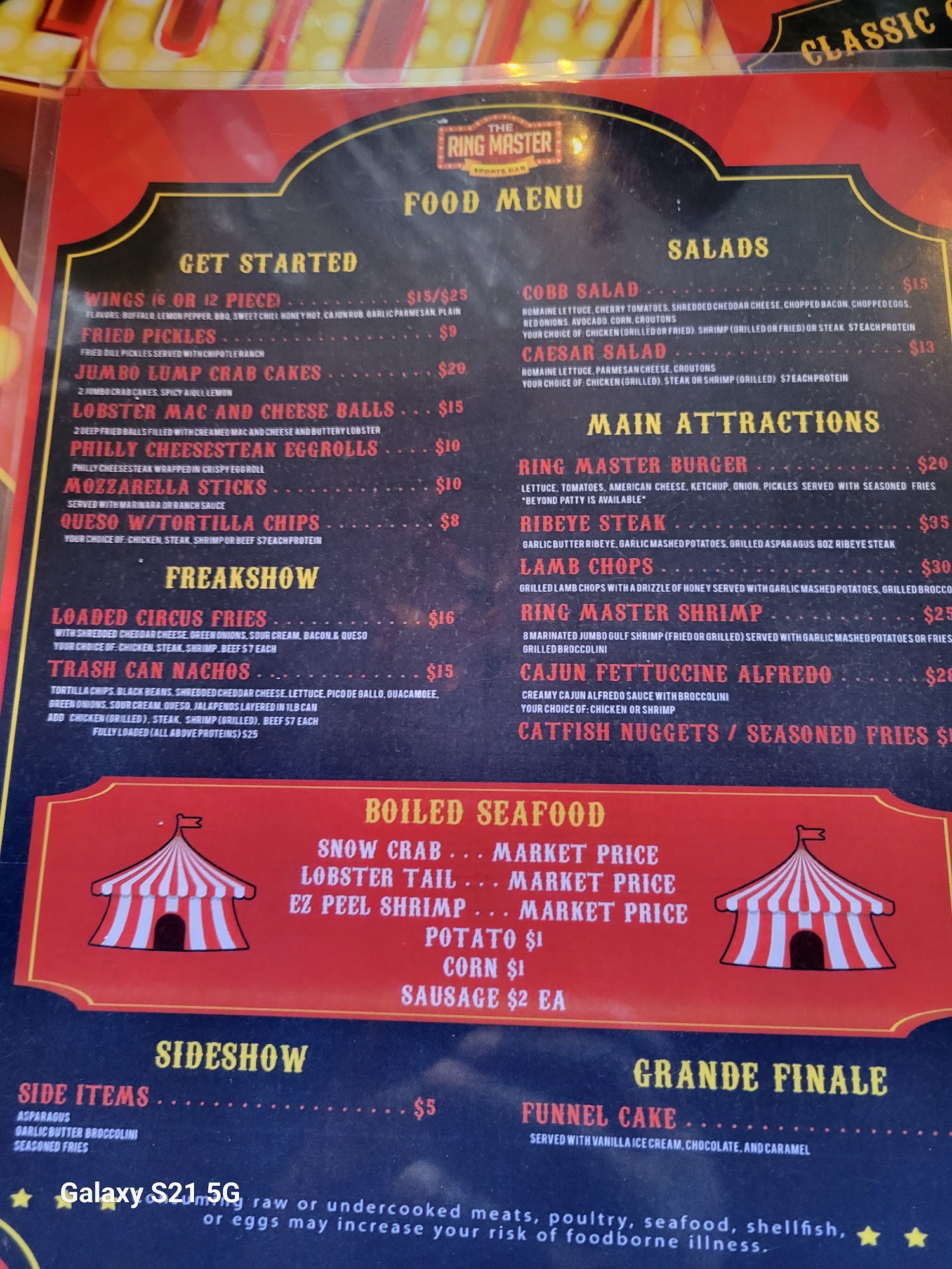 The Ring Master Sports Bar Menu