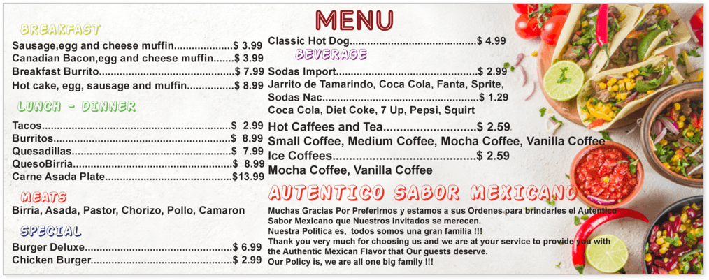 Mama Chio 'Autentico Sabor Mexicano' Menu
