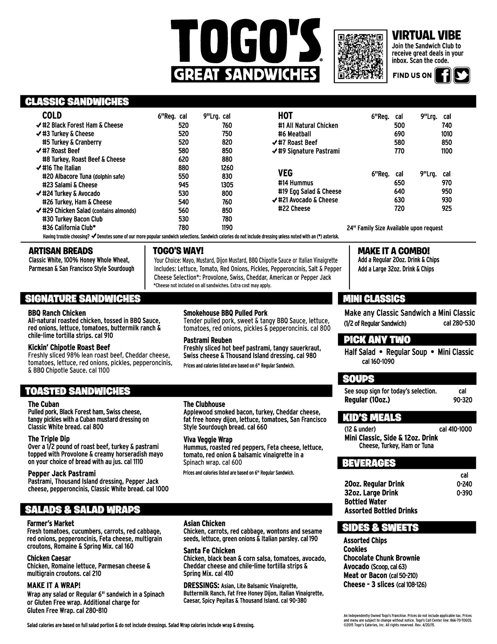 TOGO'S Sandwiches Menu