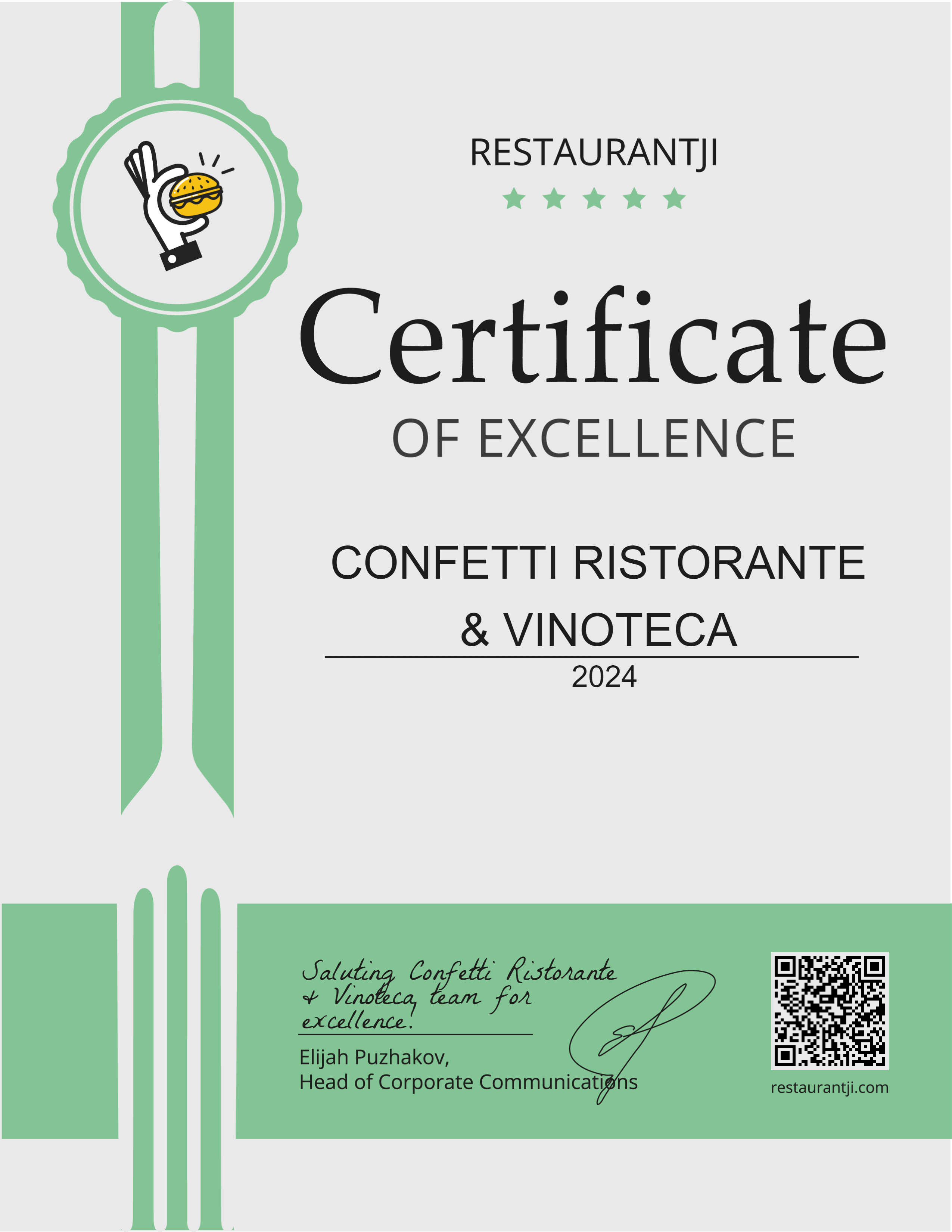 Restaurantji Certificate of Excellence