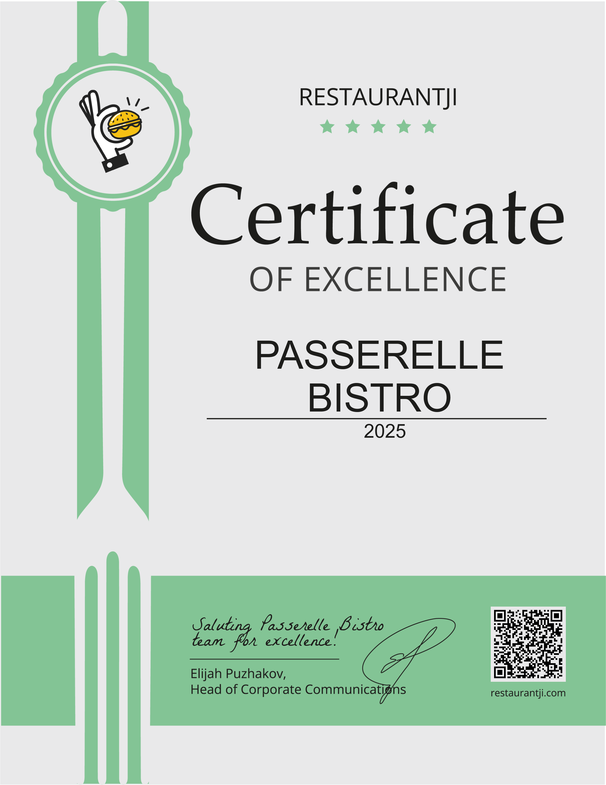 Passerelle Bistro has earned accolades from Restaurantji - a user-friendly platform for discovering the finest local restaurants.