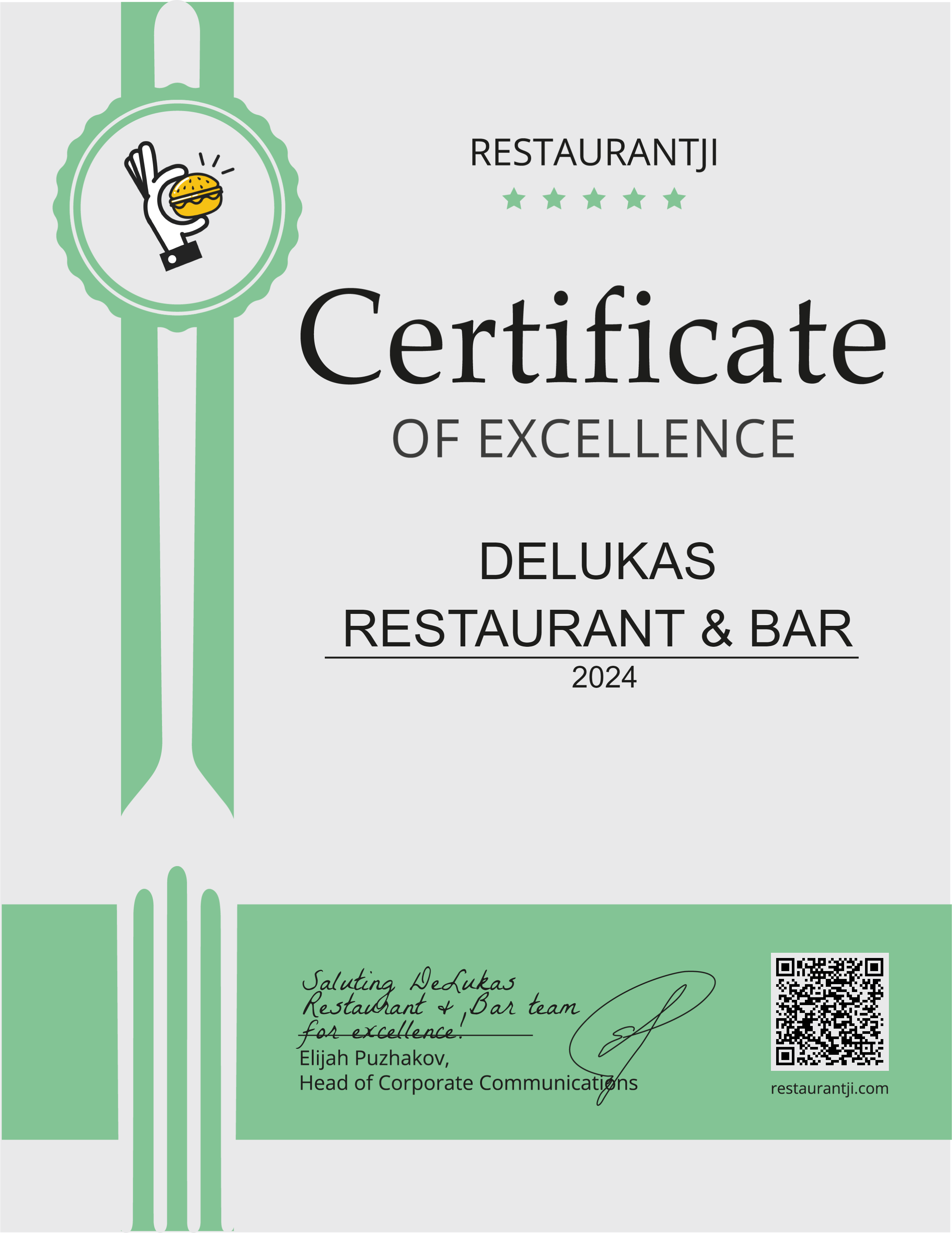 Restaurantji certificate of excellence