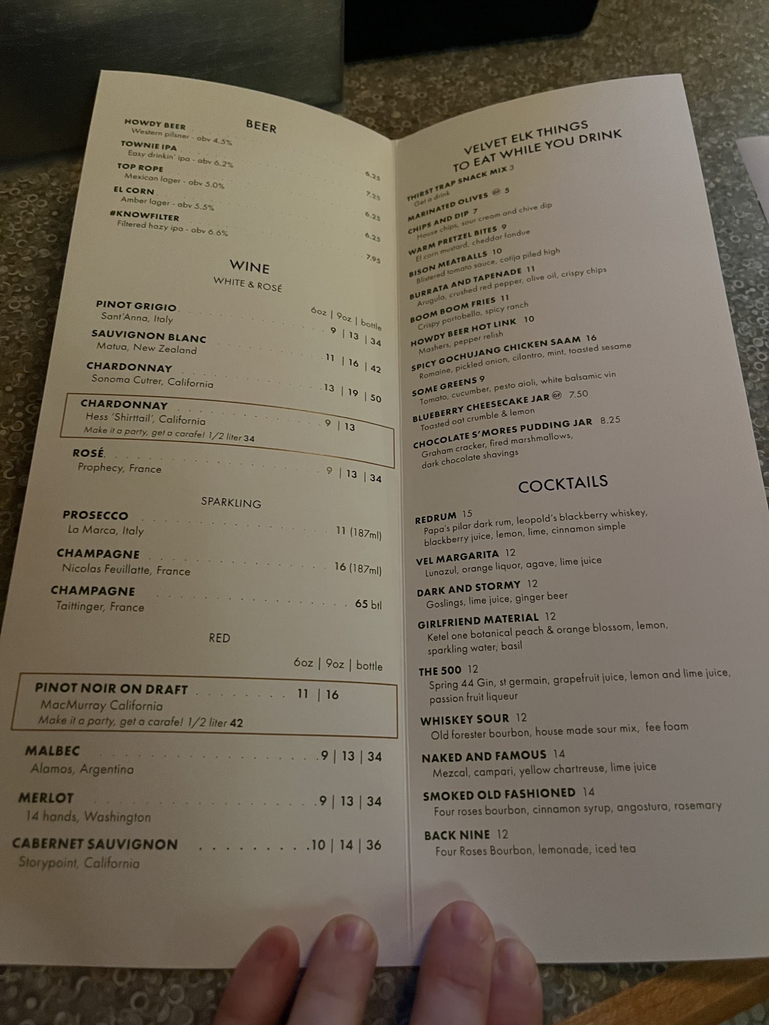 Velvet Elk Lounge Menu