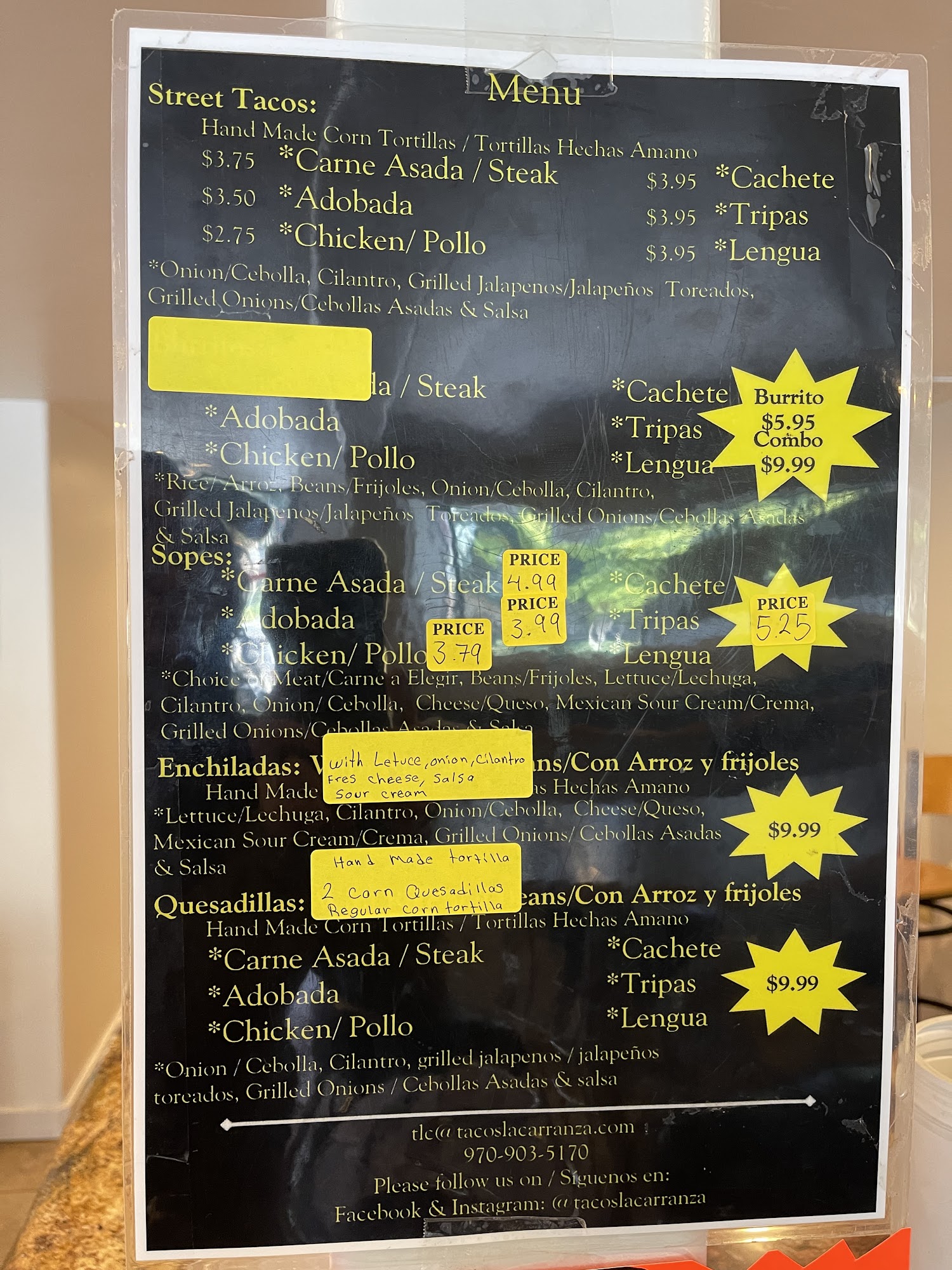 Taco's La Carranza Menu