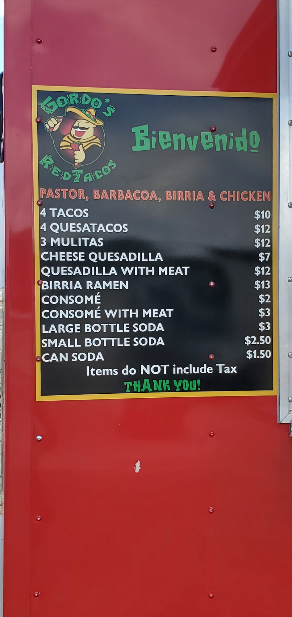 Gordo's Red Tacos Menu