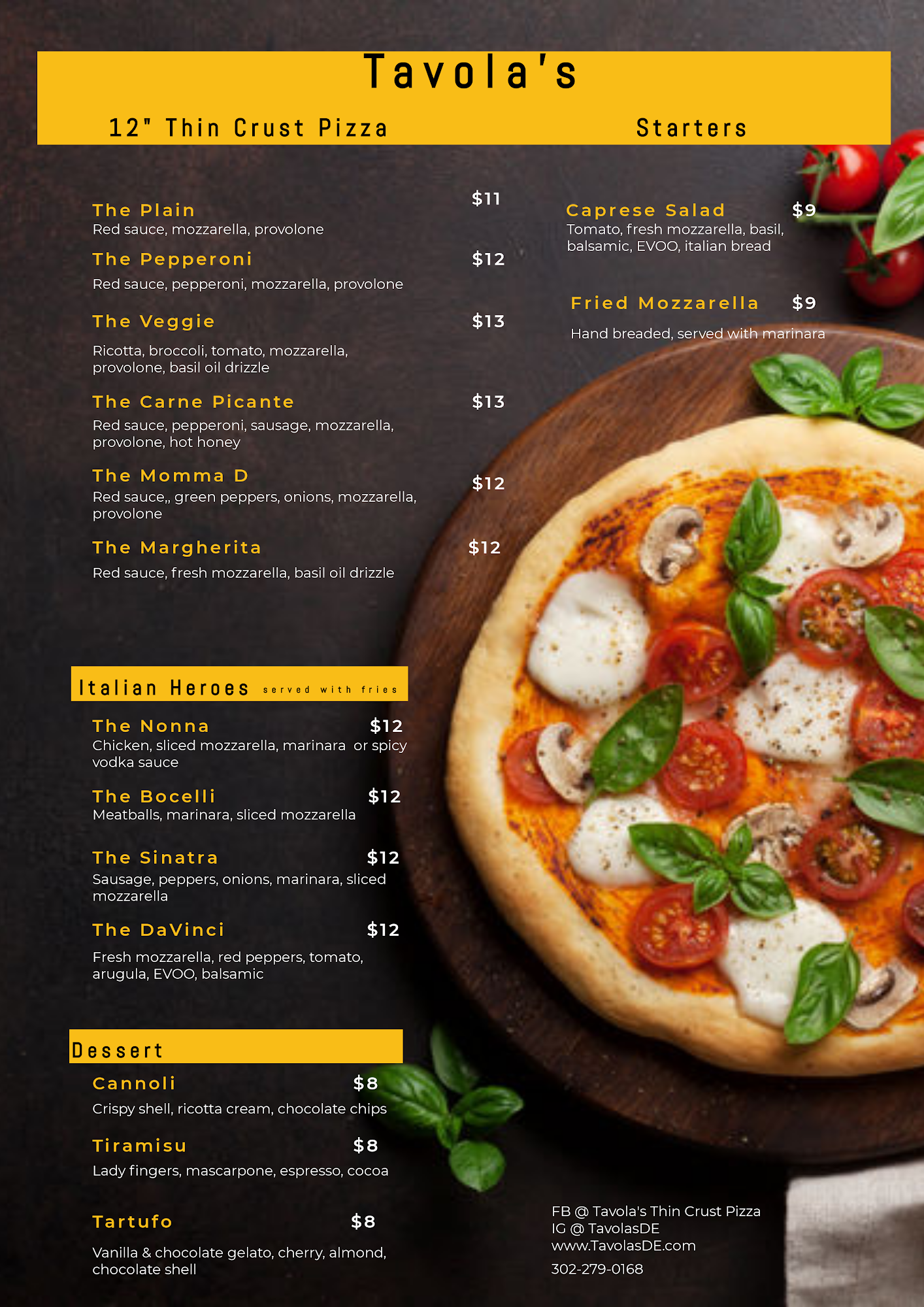 Tavola's Thin Crust Pizza (Food Truck) Menu