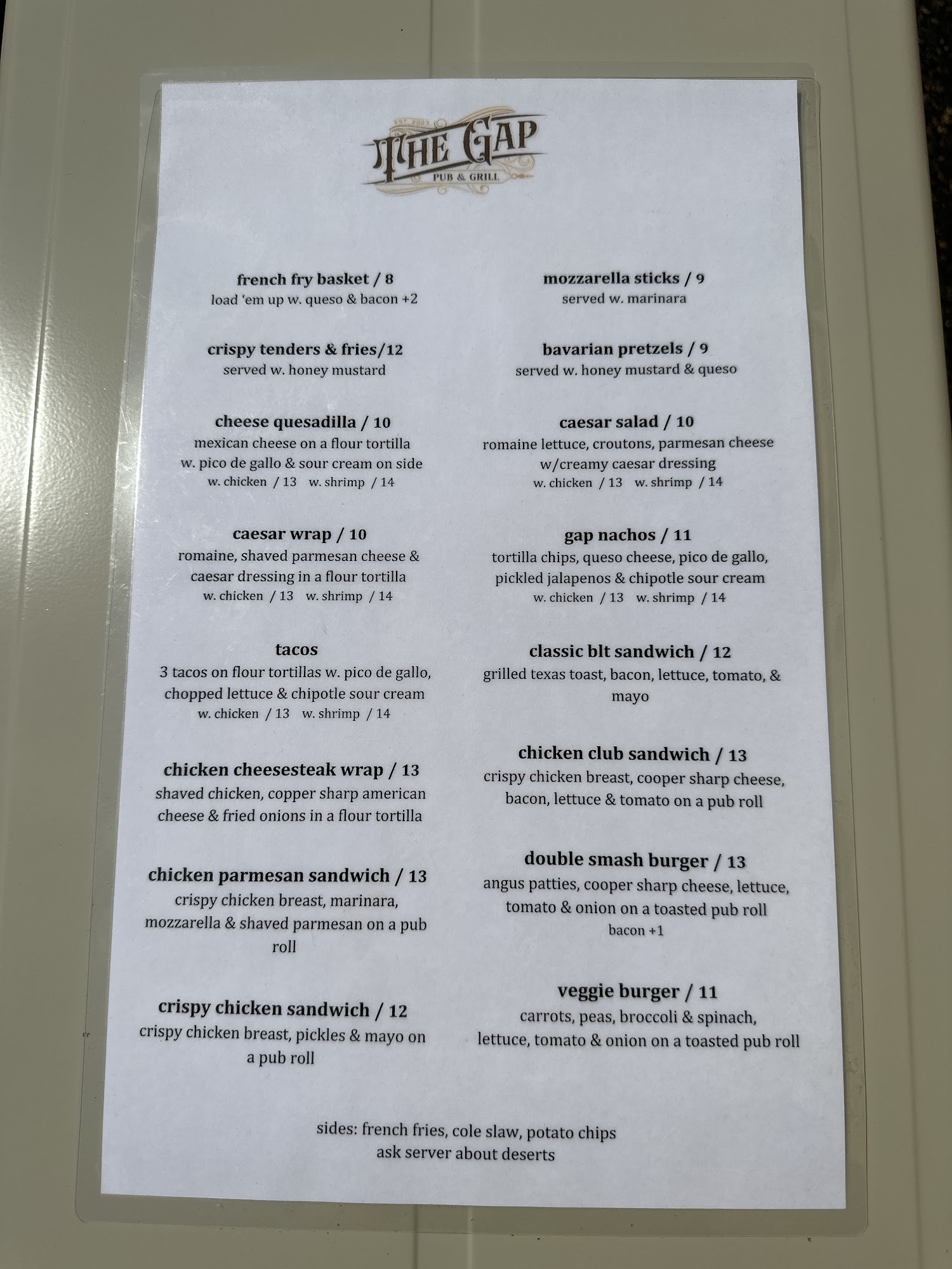 The Gap Pub & Grill Menu