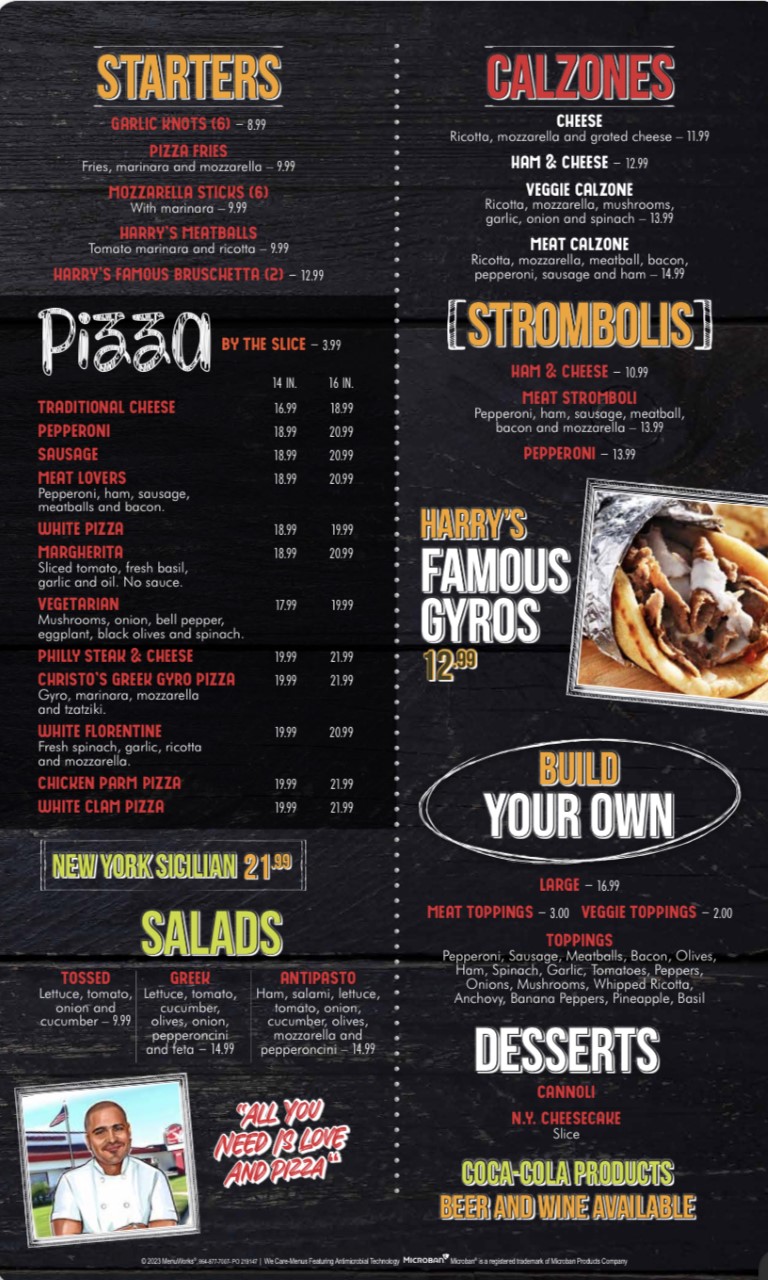 Harry's Famous Pizza Menu