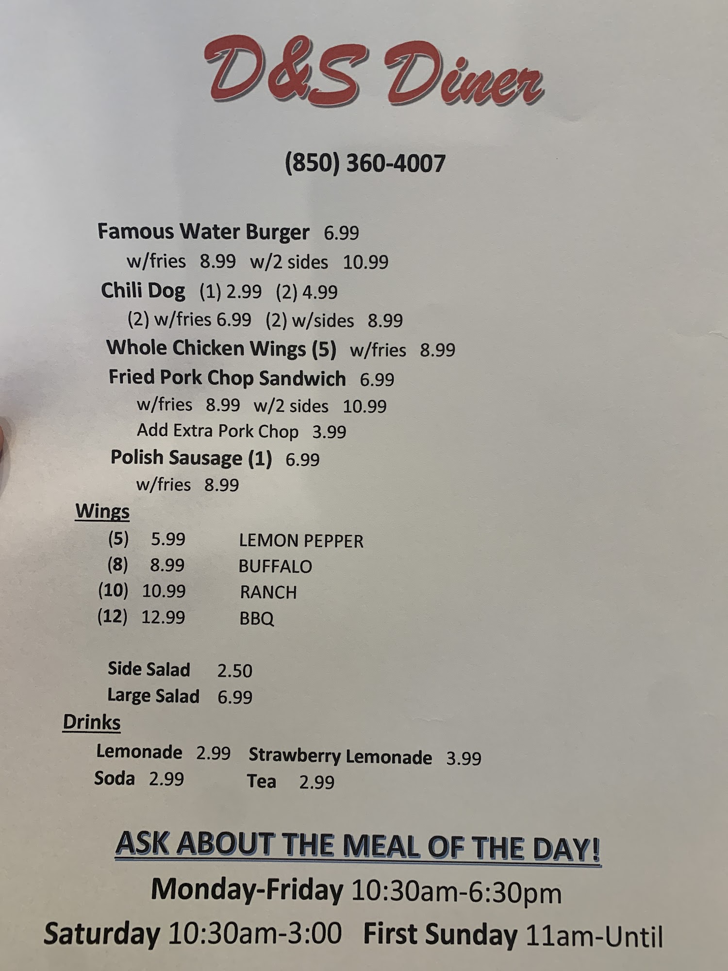 D&S Diner Menu