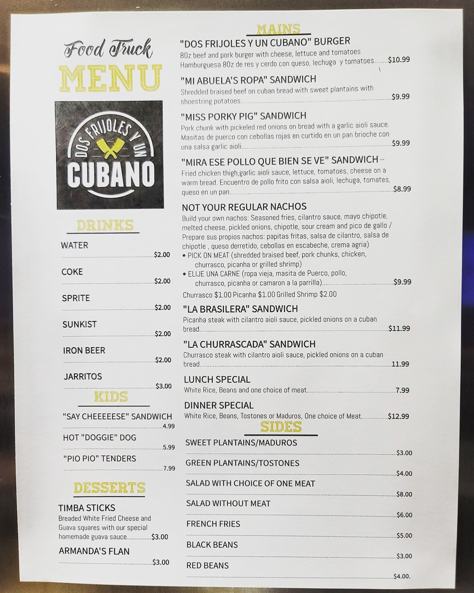 Dos Frijoles y un Cubano Menu