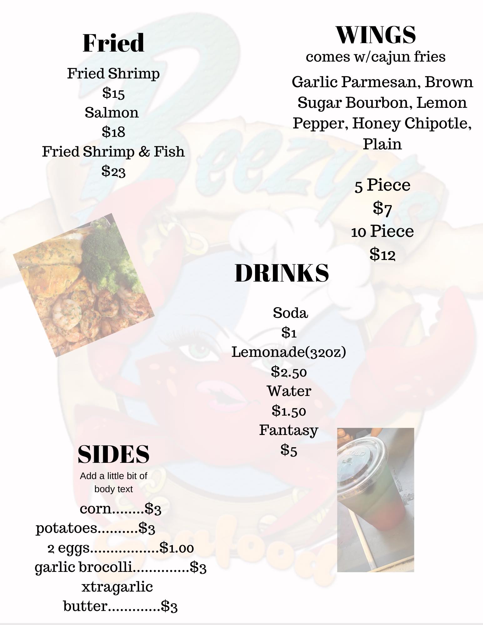 Beezy's Seafood Menu