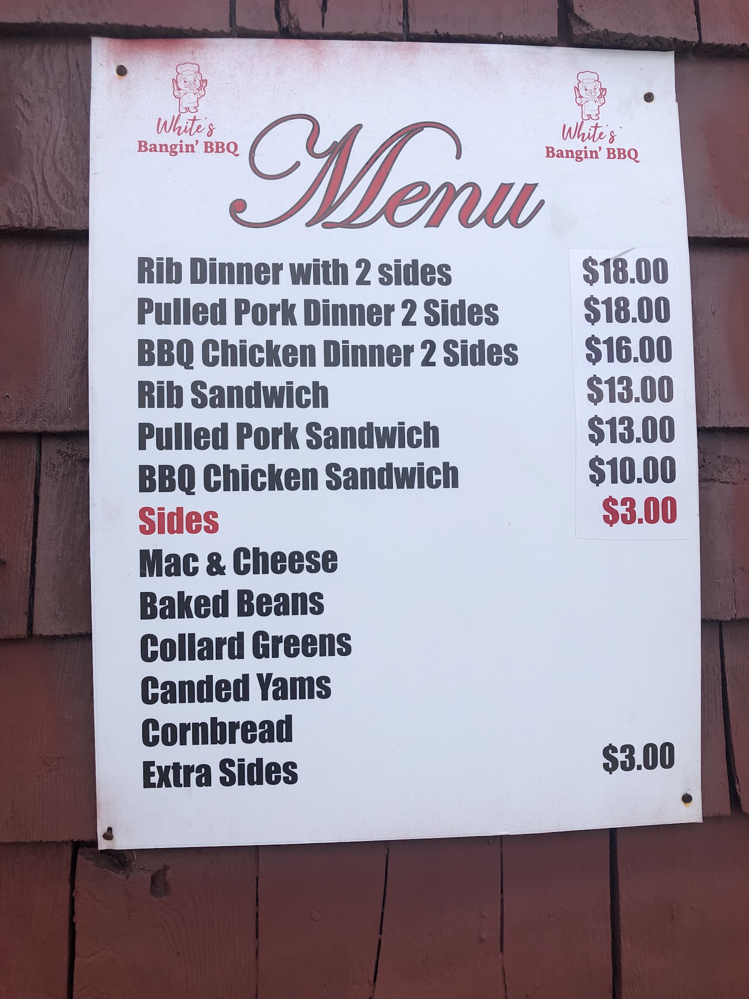 White's Bangin' BBQ Menu
