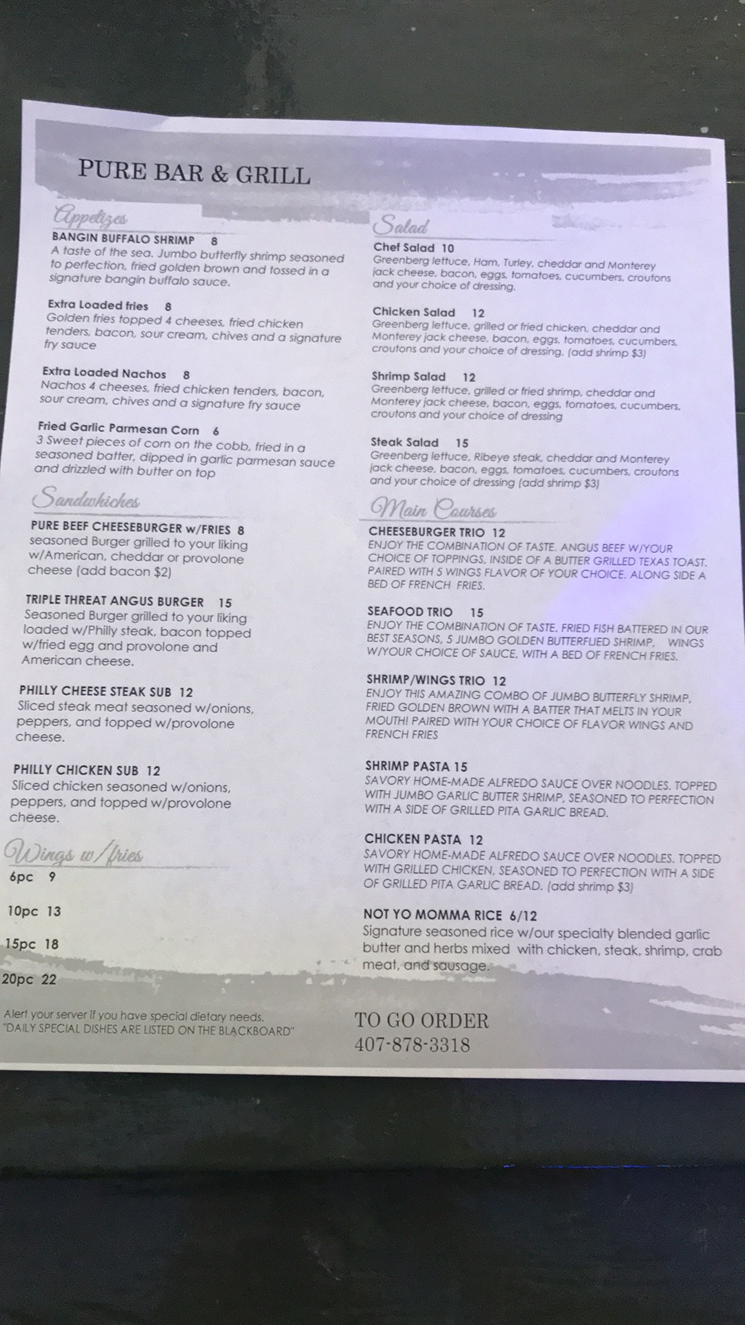 Pure Bar and Grill Menu