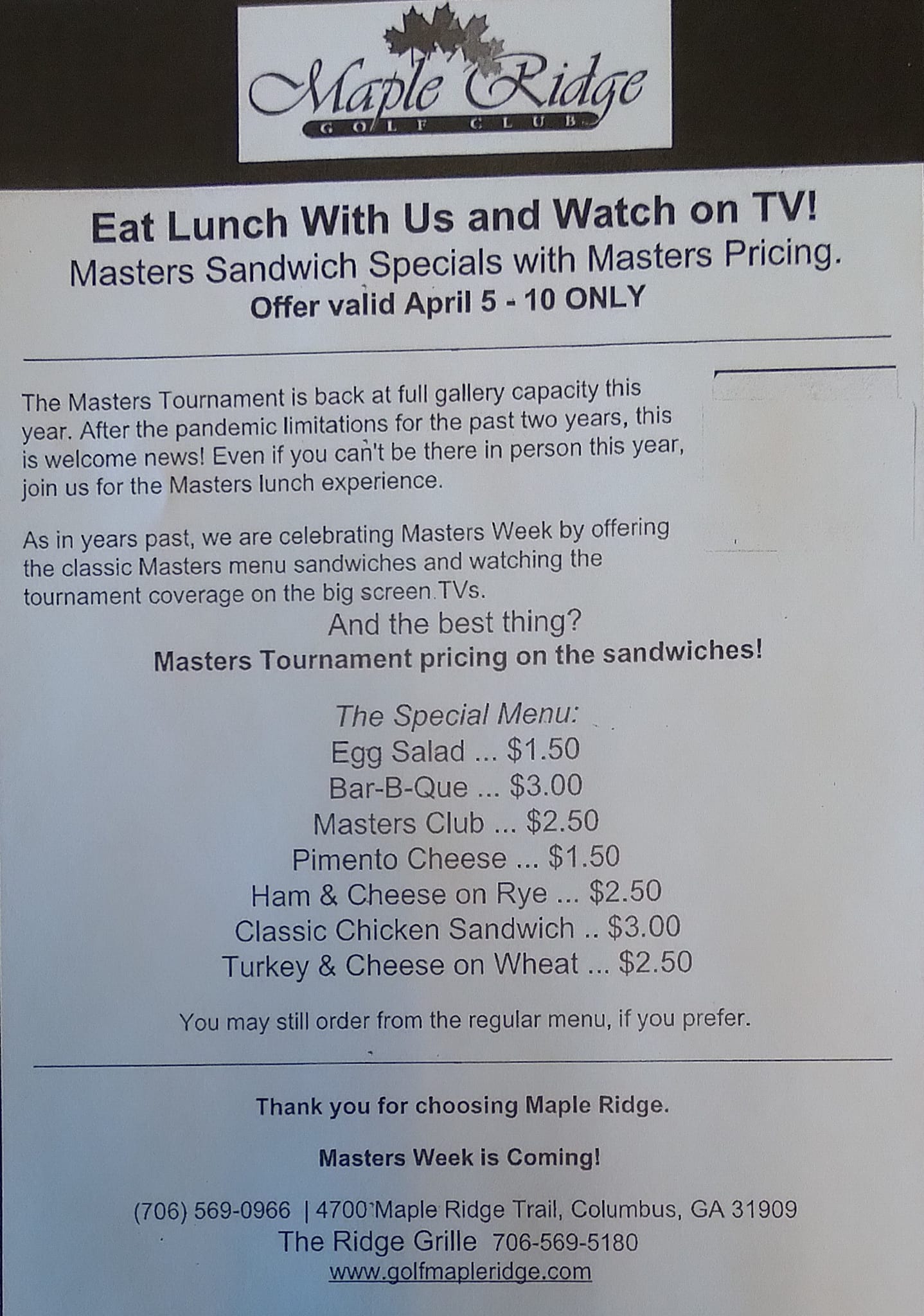 Grille At Maple Ridge Menu