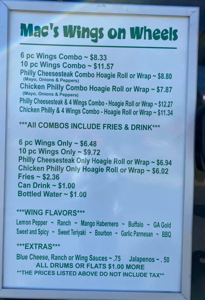 Mac’s wings on wheels Menu