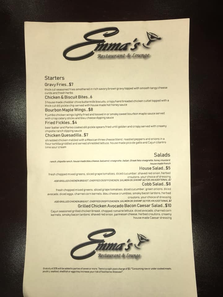 Emma's Restaurant and Lounge - Statesboro, Georgia Menu
