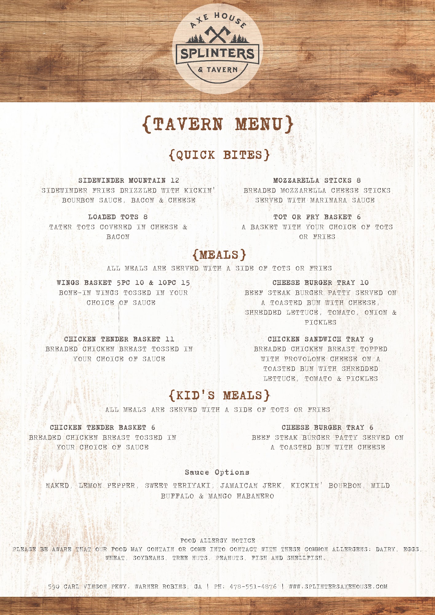 Splinters Axe House & Tavern Menu