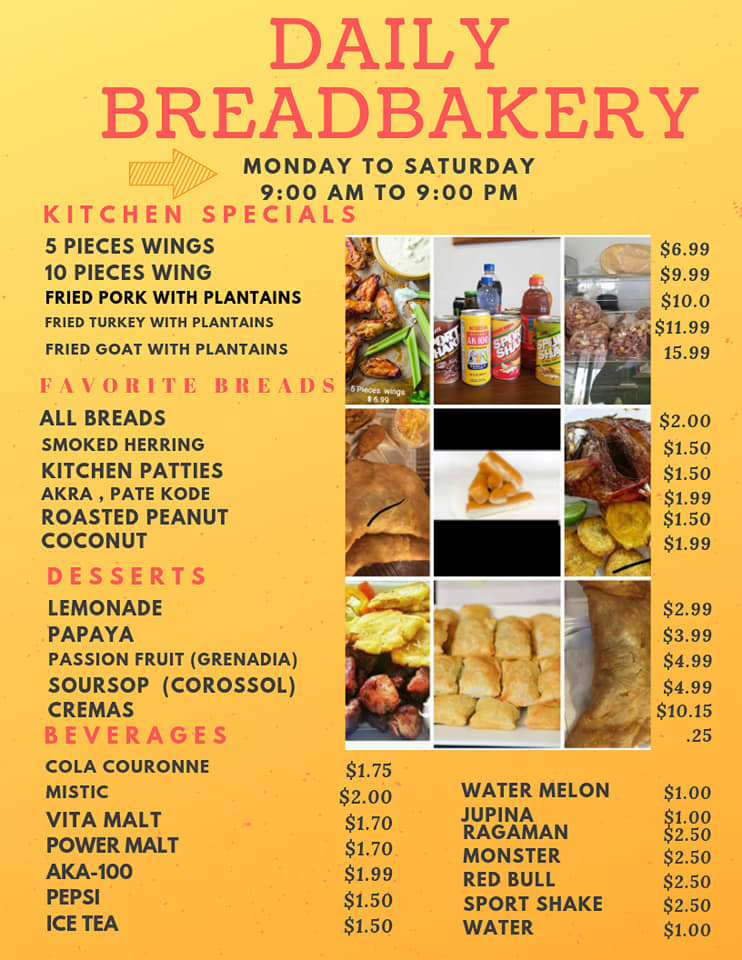 Haitian Restaurant Daily Bread Bakery Menu