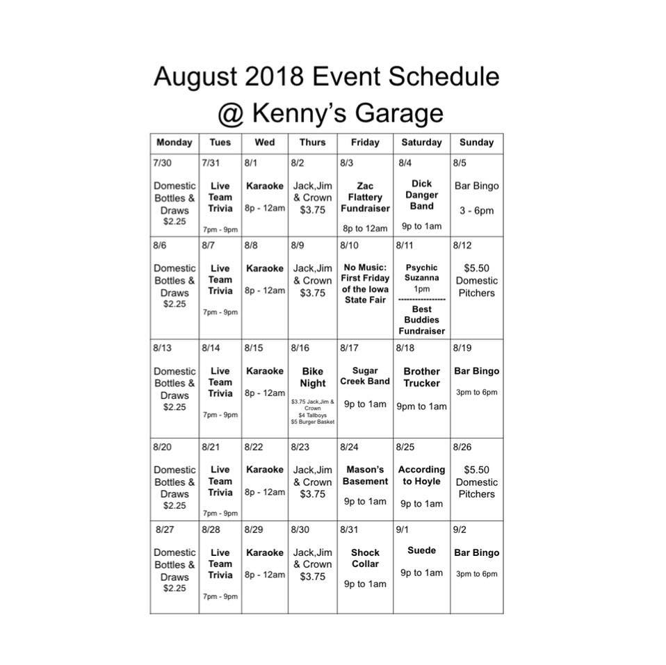 Kenny's Garage Menu