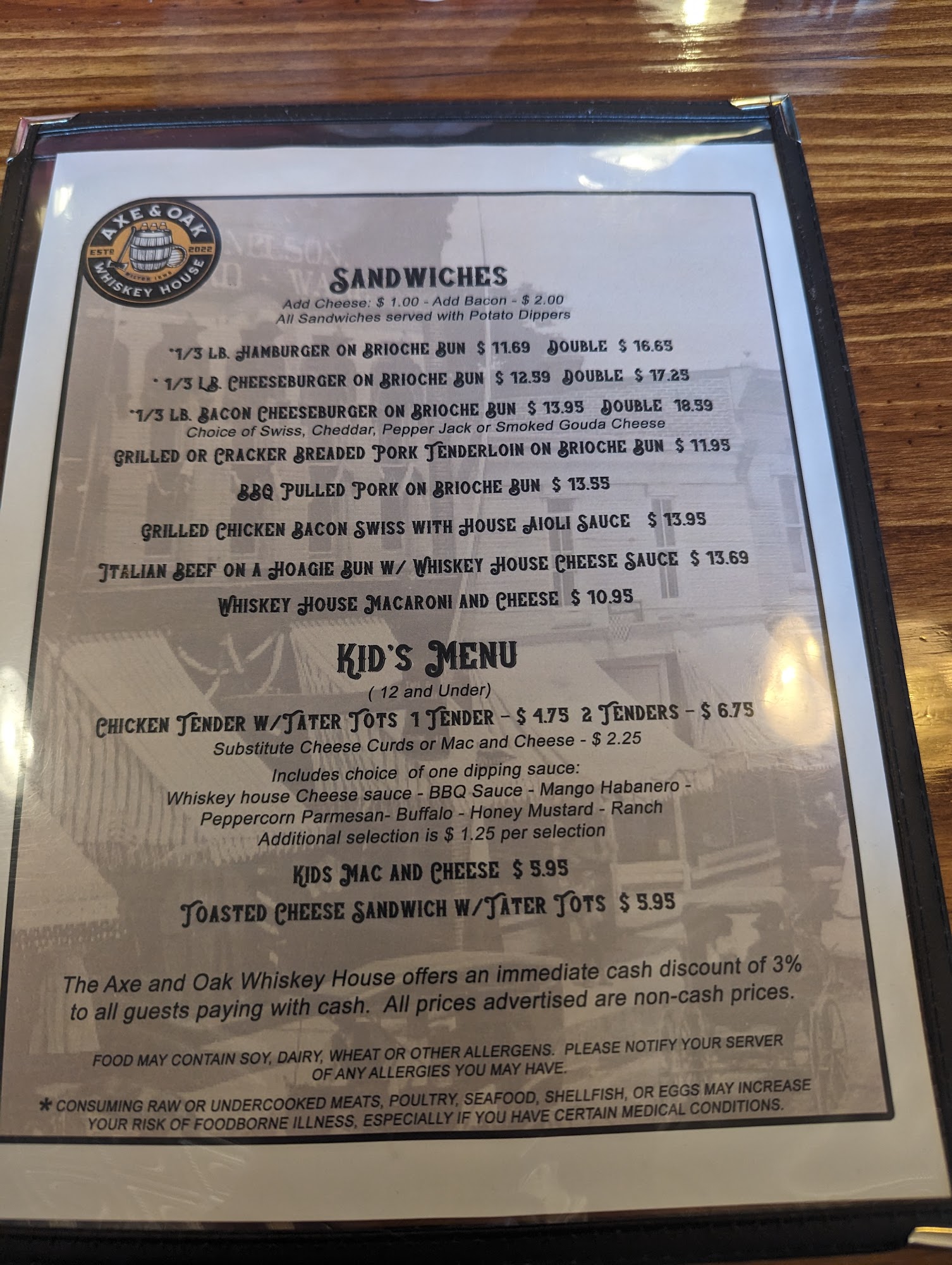 Axe & Oak Whiskey House Menu