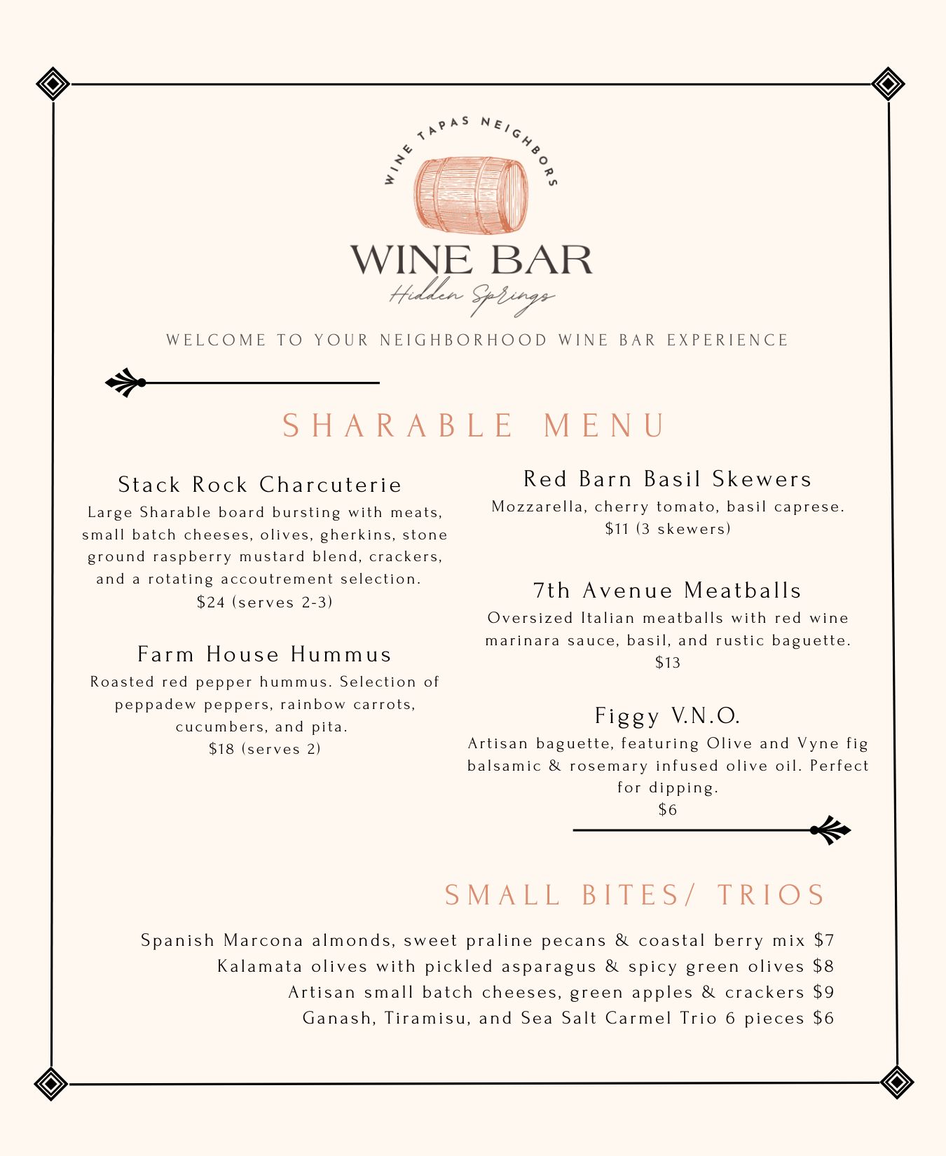 Hidden Springs Wine Bar Menu