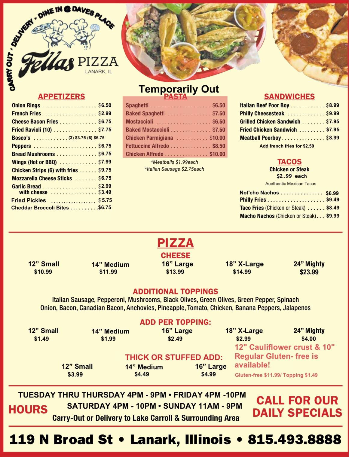 Fellas Pizza Menu