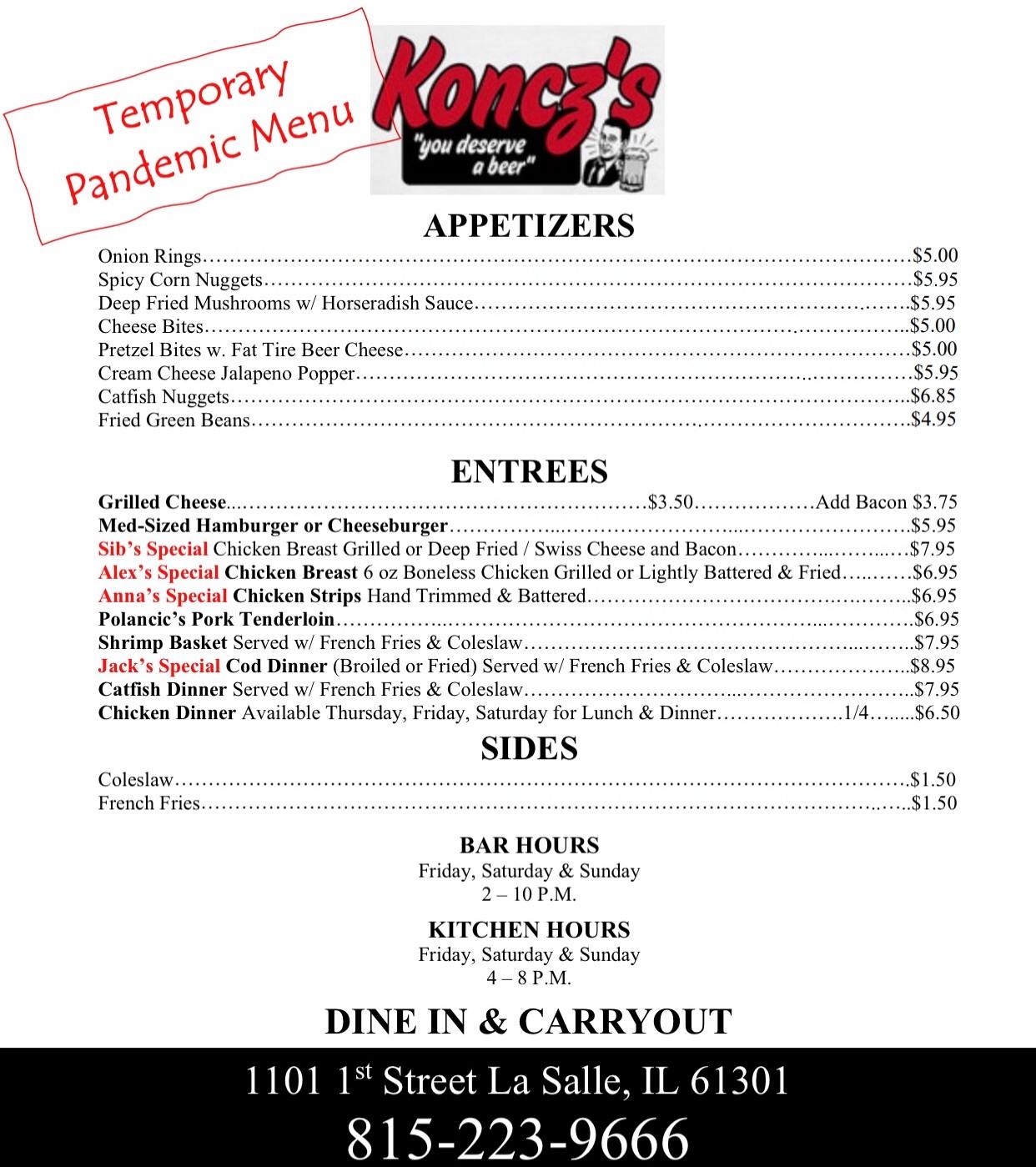 Koncz's Bar Menu