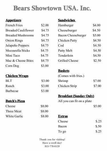 Bears Showtown USA Menu