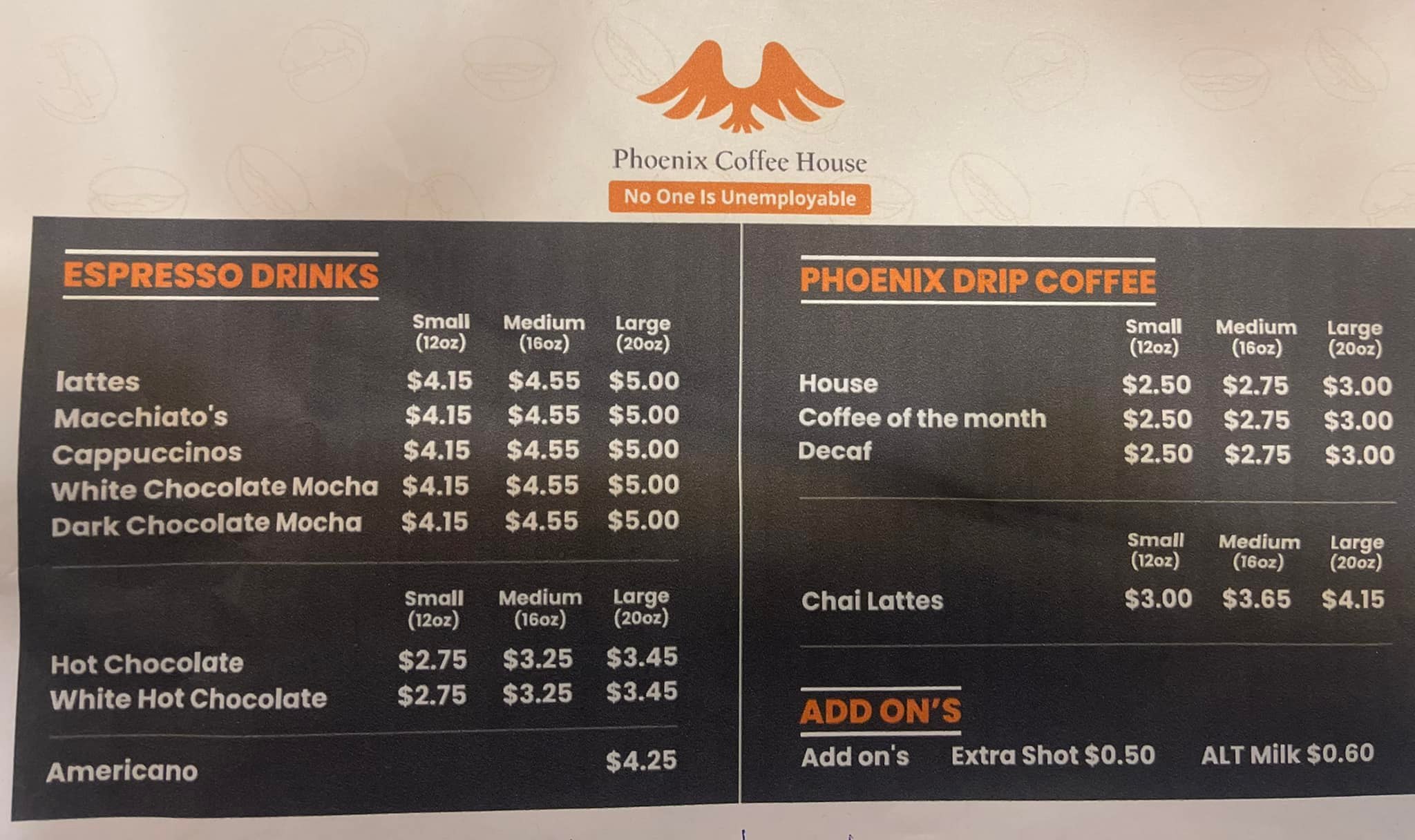 Phoenix Coffee House Menu