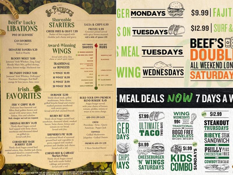 Beef 'O' Brady's Menu
