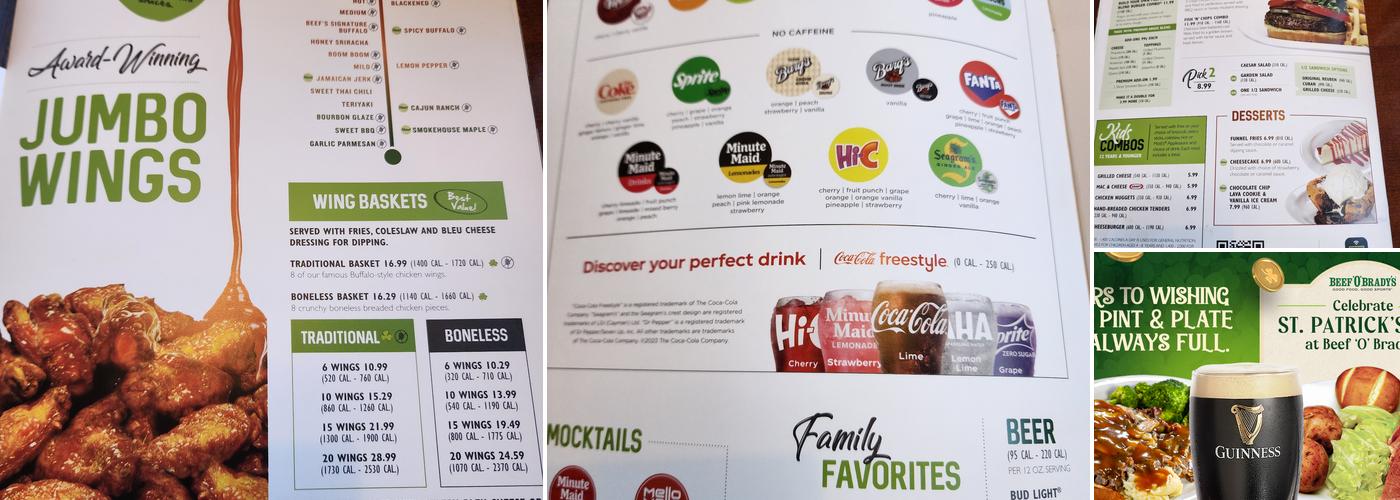 Beef 'O' Brady's Menu