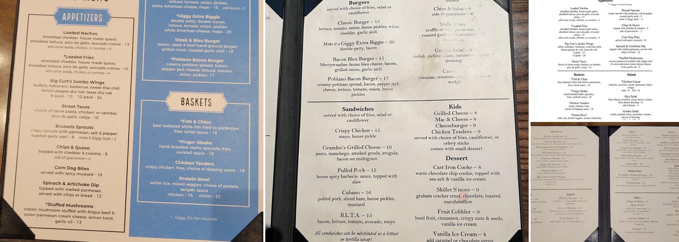 Giggy D's Menu