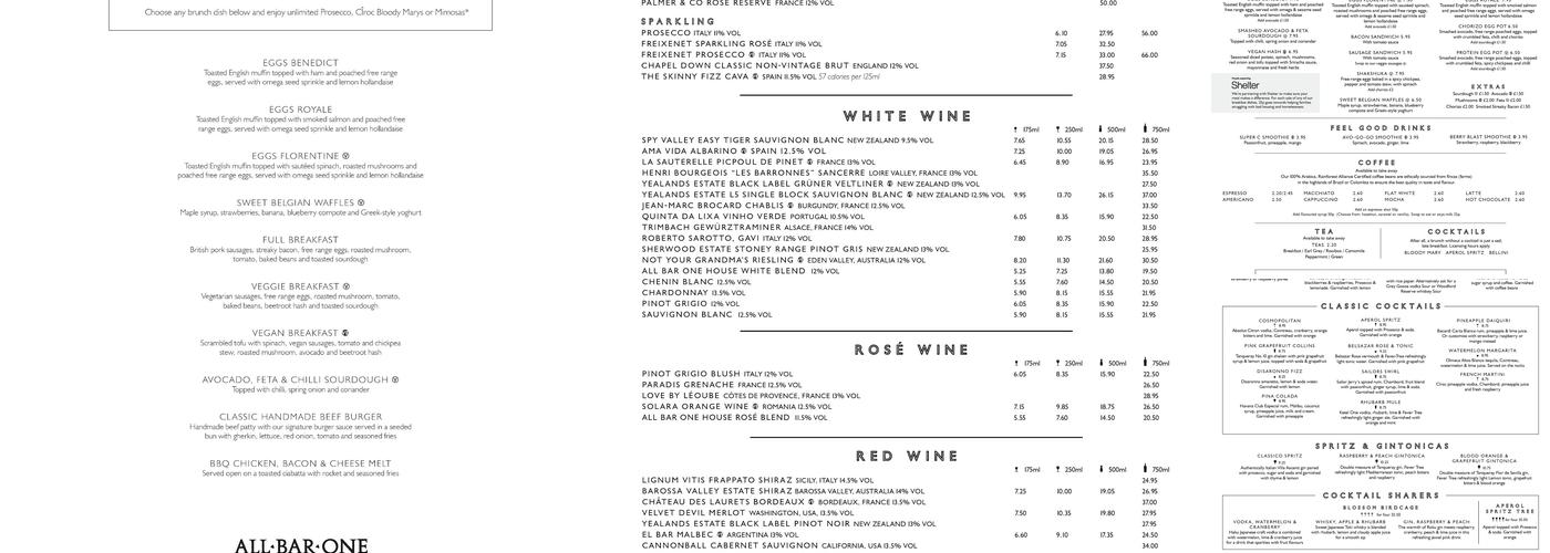 All Bar One New Street Station Menu