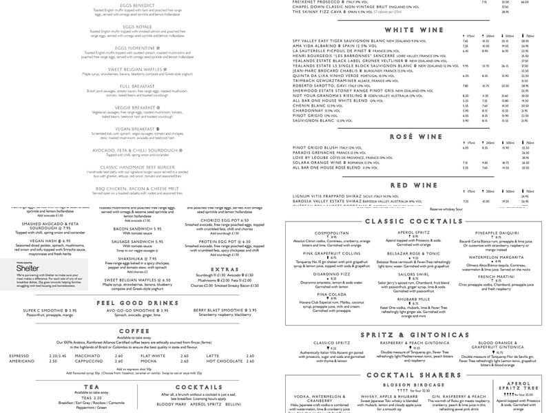 All Bar One New Street Station Menu