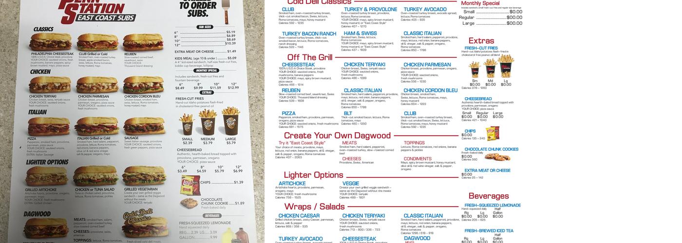 Penn Station East Coast Subs Menu