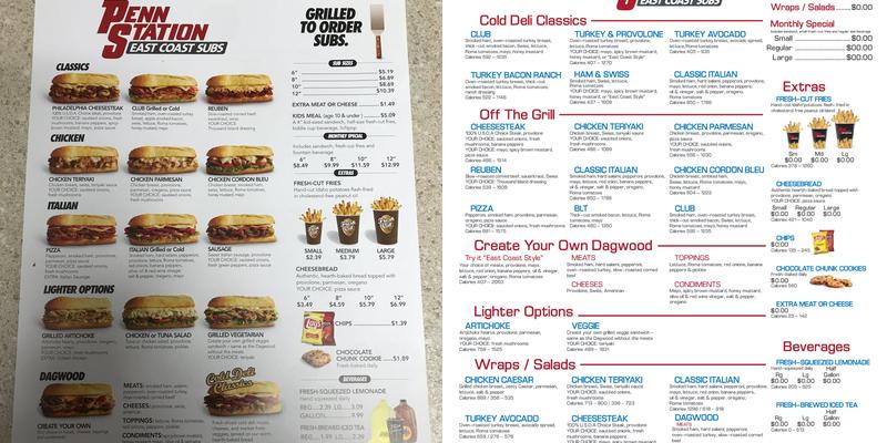 Penn Station East Coast Subs Menu