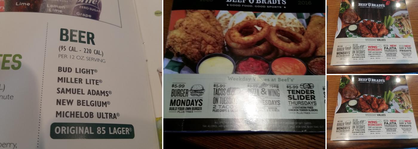 Beef 'O' Brady's Menu