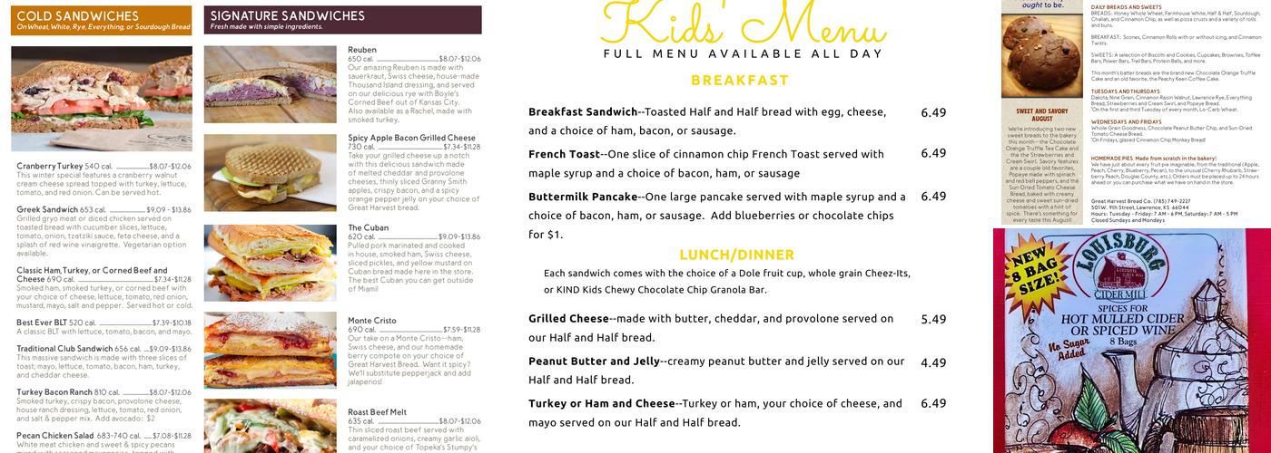 Great Harvest Bakery and Café Menu