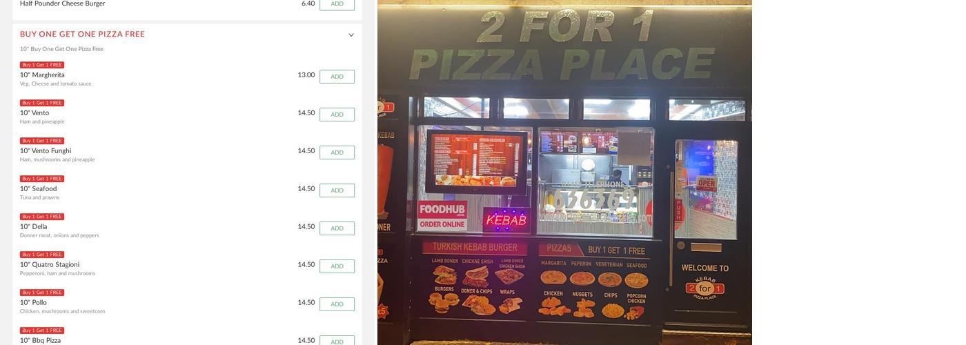 2 for 1 Pizza Place Menu