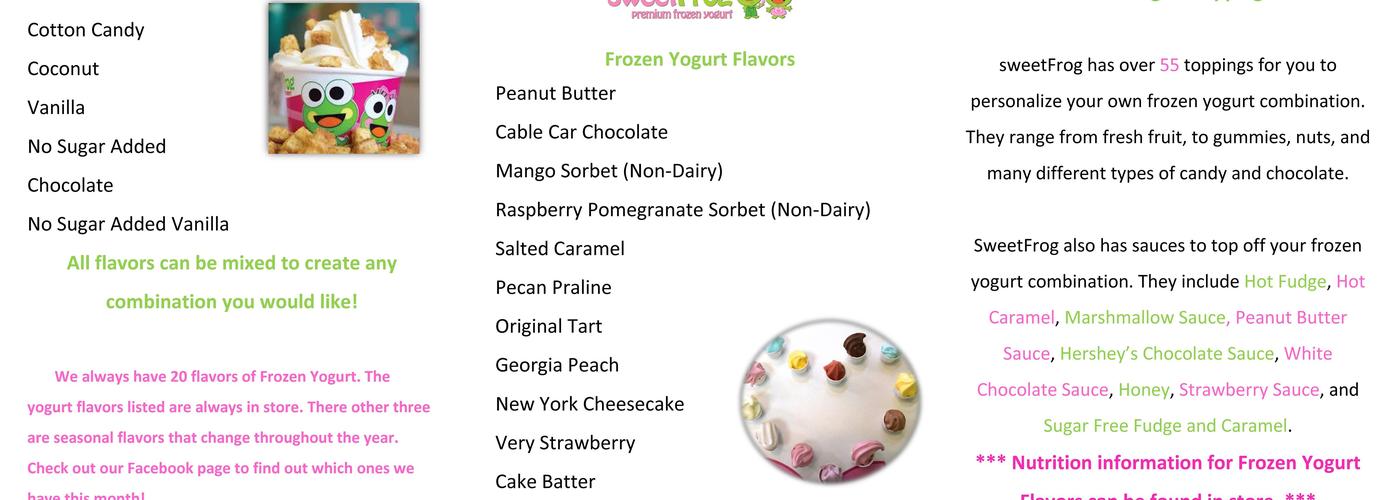 Sweet Frog Premium Frozen Yogurt Menu